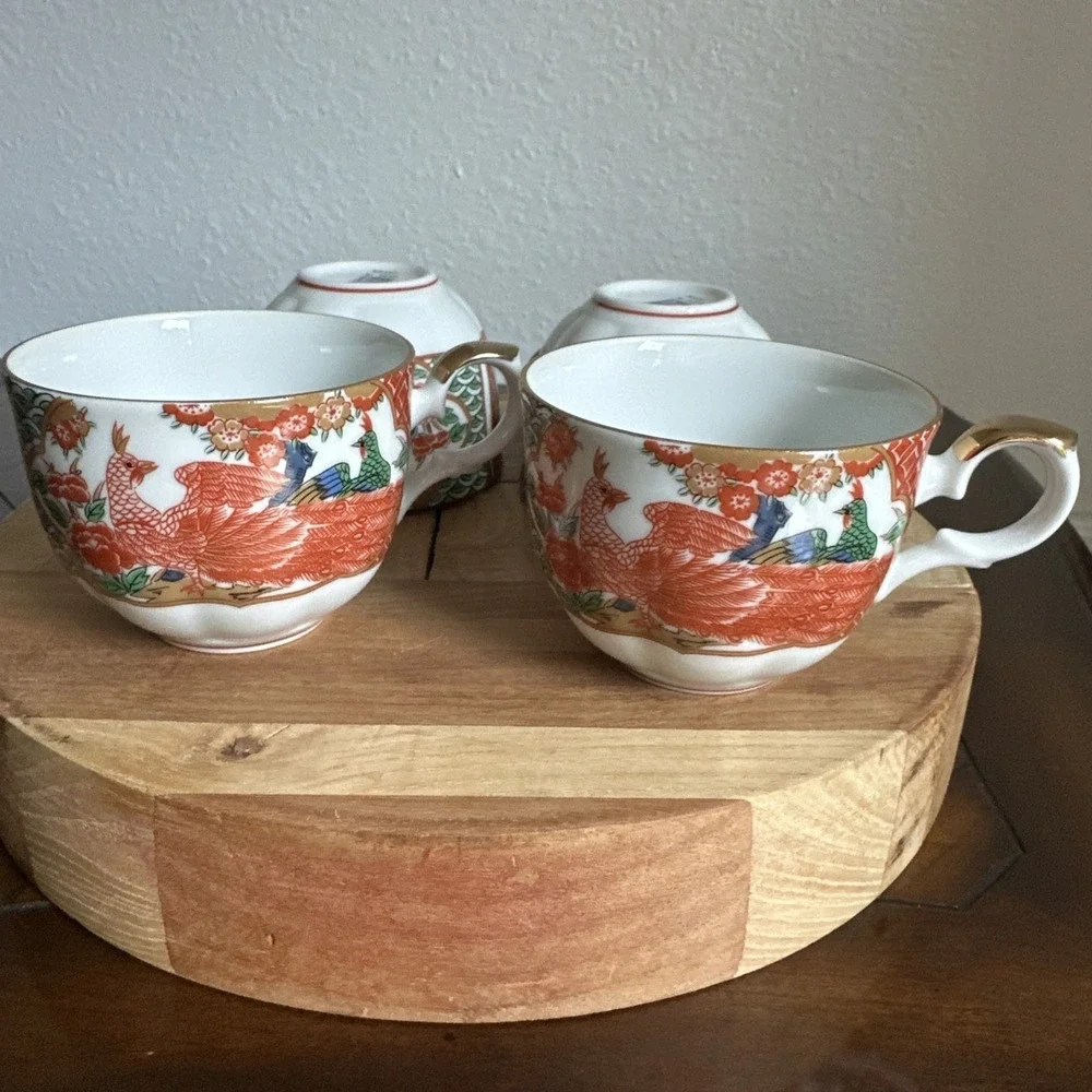 Imari Arita Peacock Coffee Or Tea Cups Made In Japan Set Of 4 Signed Ornate